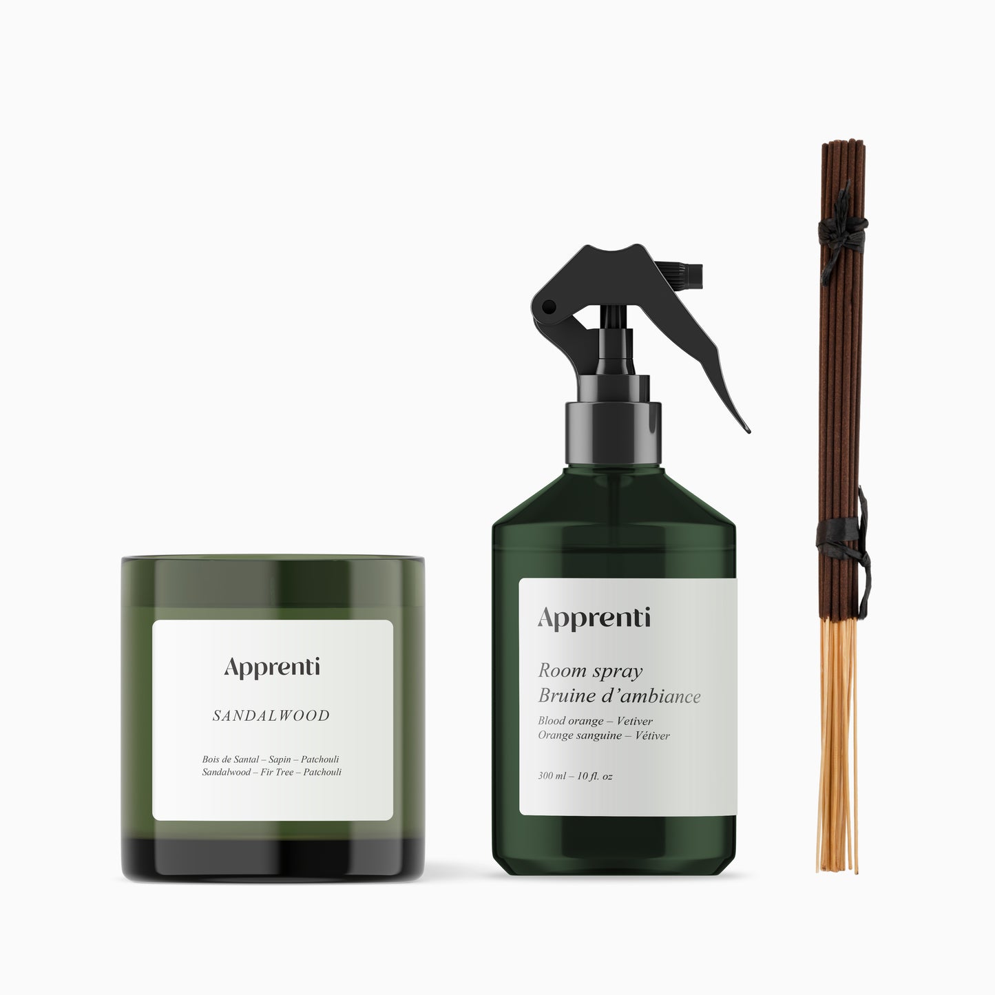 Ensemble de parfums Terre et Agrumes – Encens au bois de cèdre, spray d'ambiance à l'orange sanguine et bougie au bois de santal